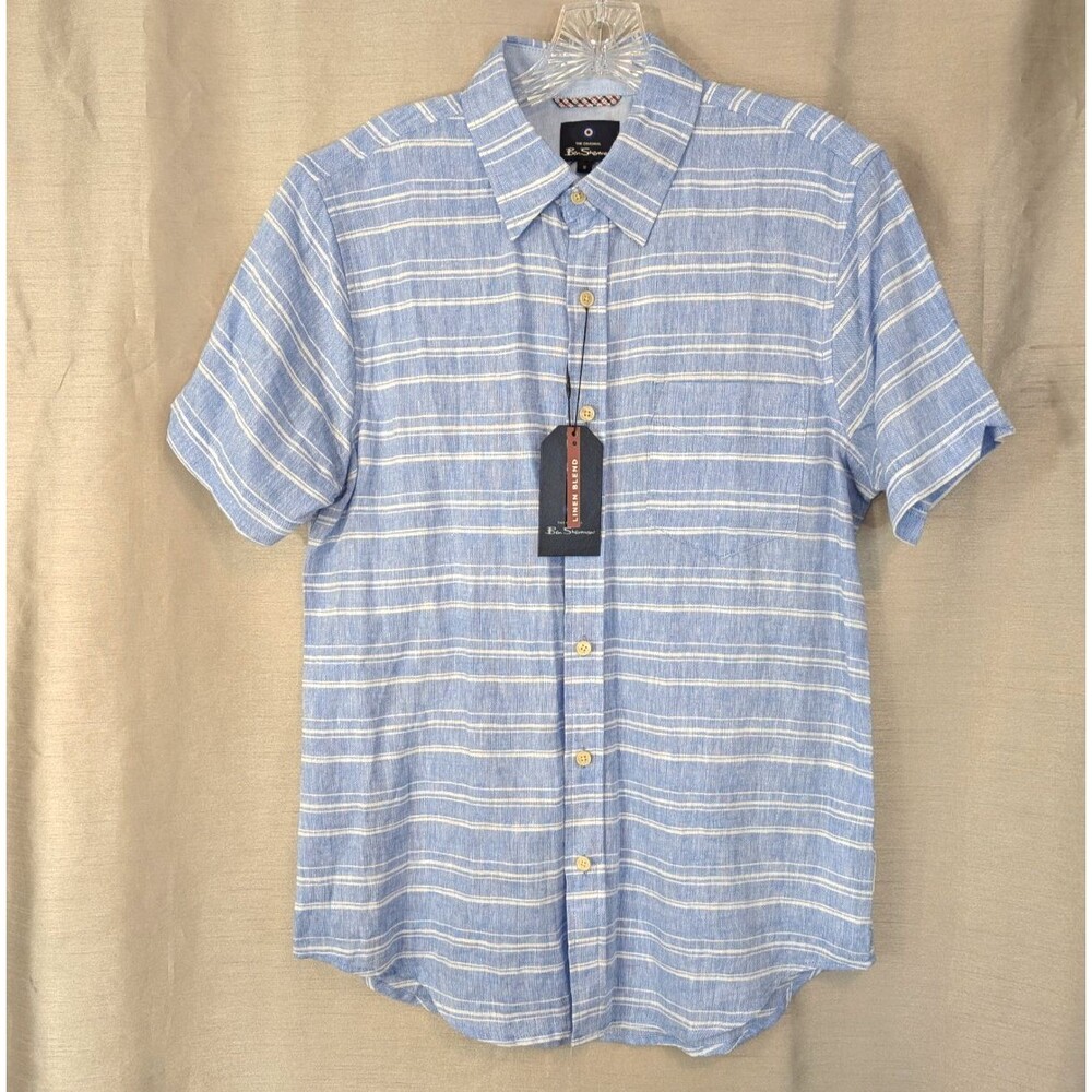 Ben Sherman Linen Blend Stripe Shirt Sky Blue Short Sleeve - Size Small NEW